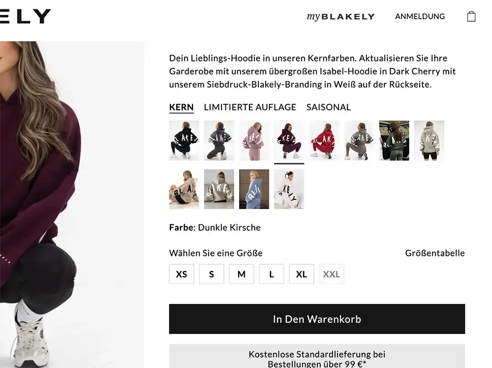 Blakely German-language product page, with the same storefront expressed for a European market