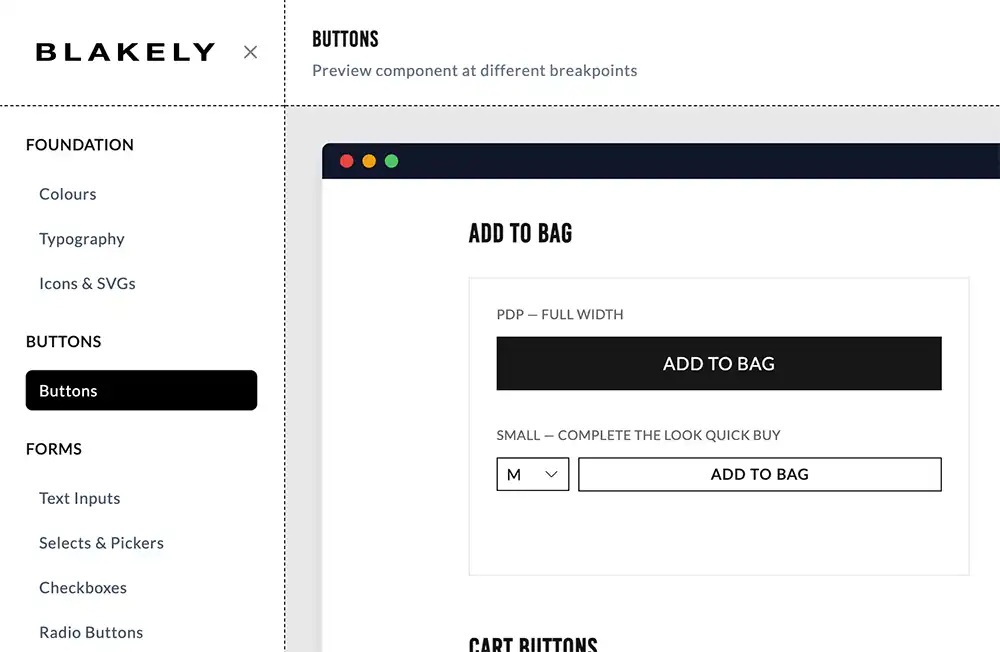 Blakely frontend style guide, with button components previewed at different breakpoints
