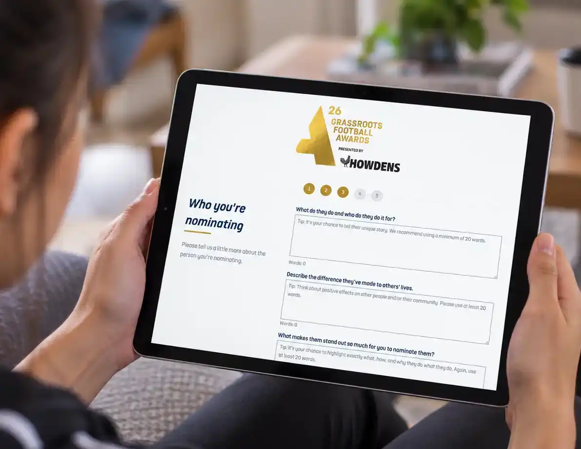 England Football Grassroots Football Awards nomination form on a tablet