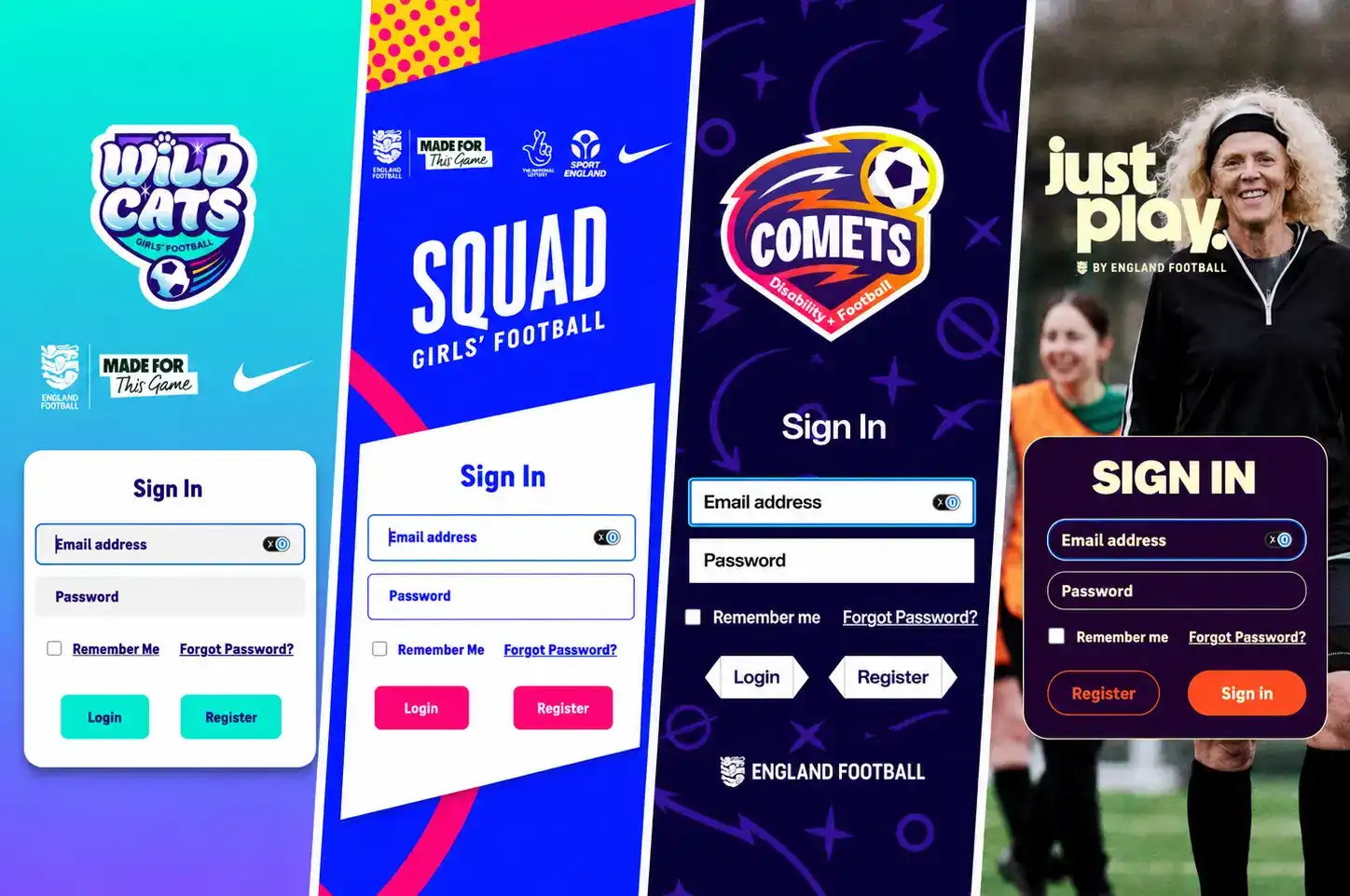 Sign-in screens for Wildcats, Squad, Comets and Just Play training