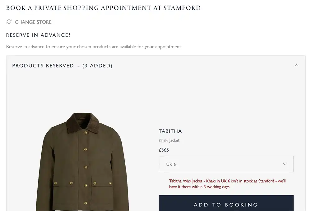 Fairfax & Favor private shopping appointment booking, with products reserved for a store visit