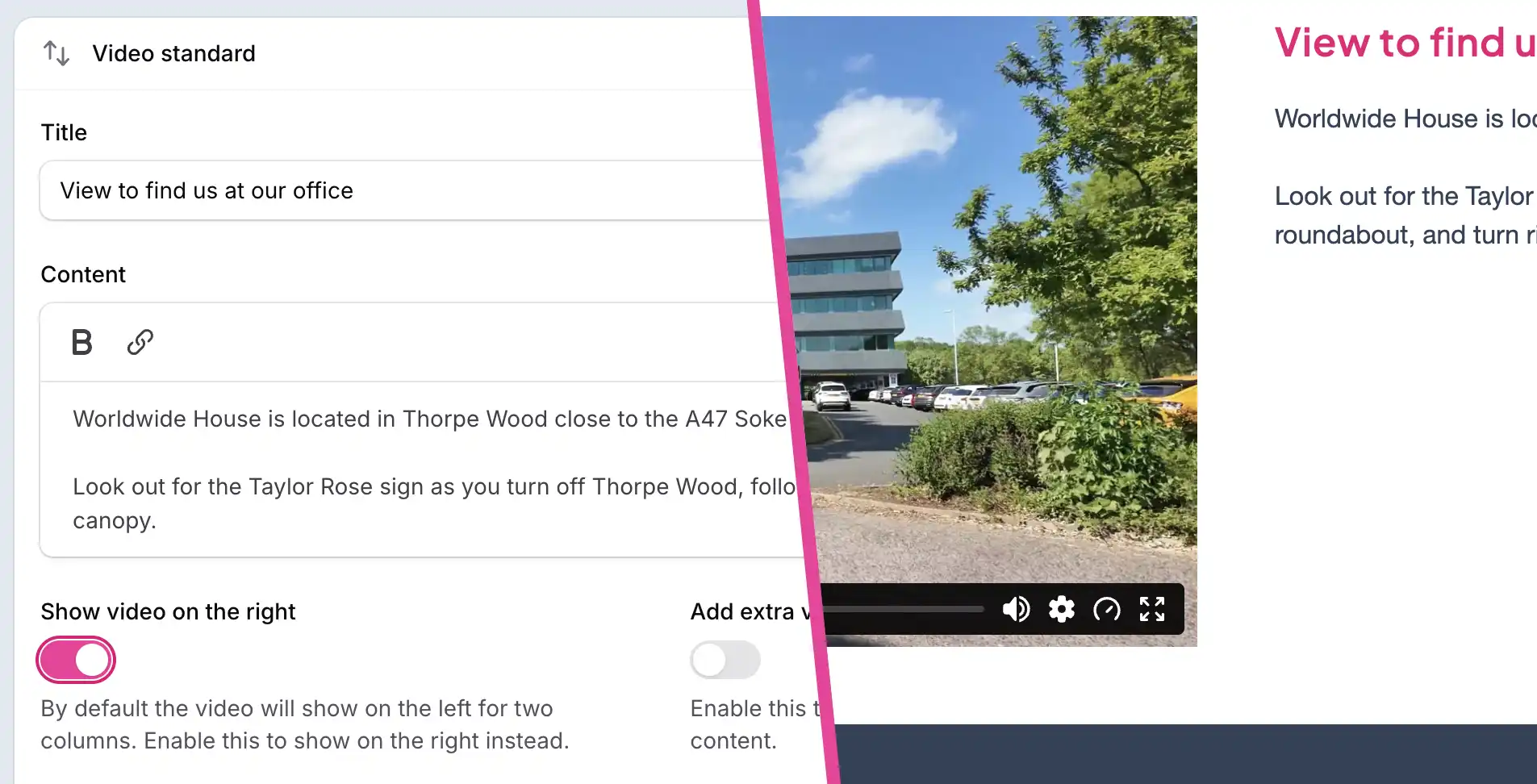Taylor Rose CMS beside a front-end page built from those components