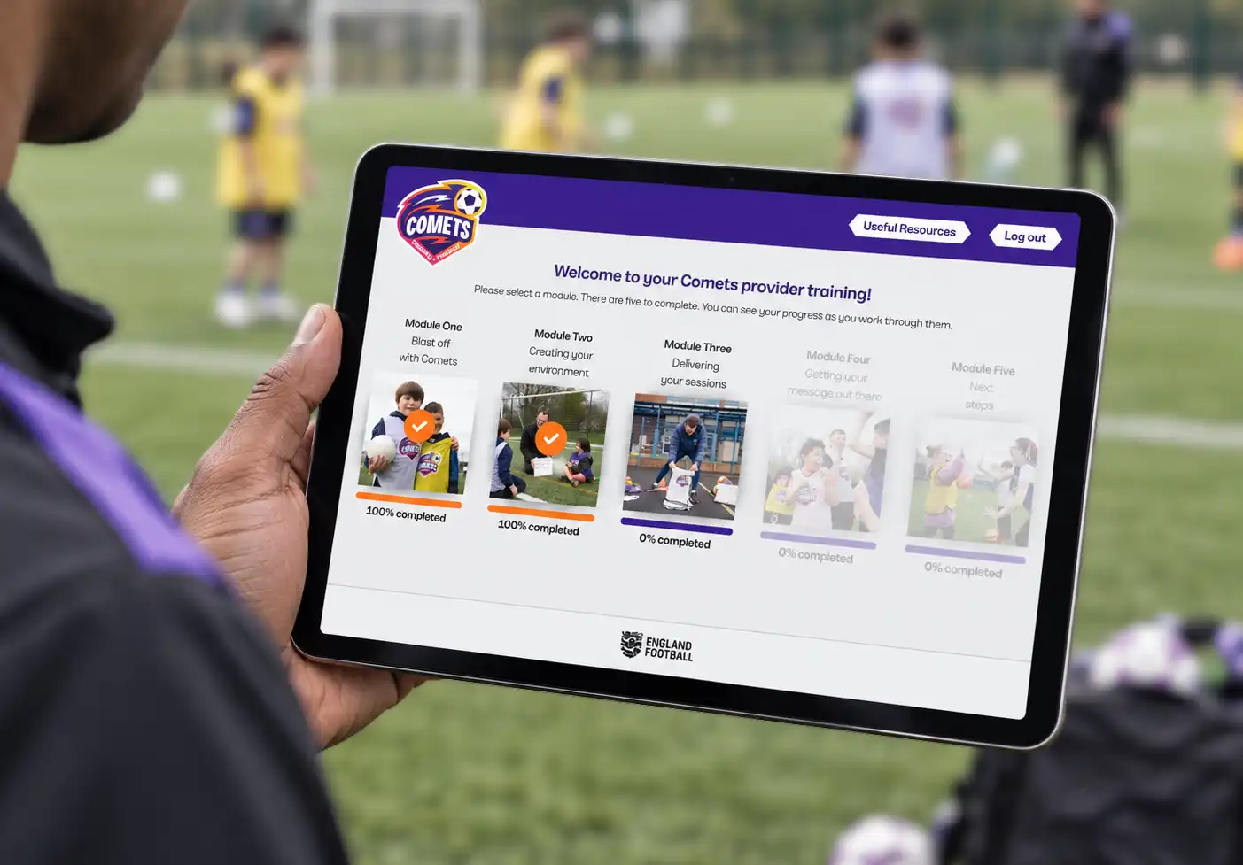 England Football Programme Training on a tablet, showing the Comets course