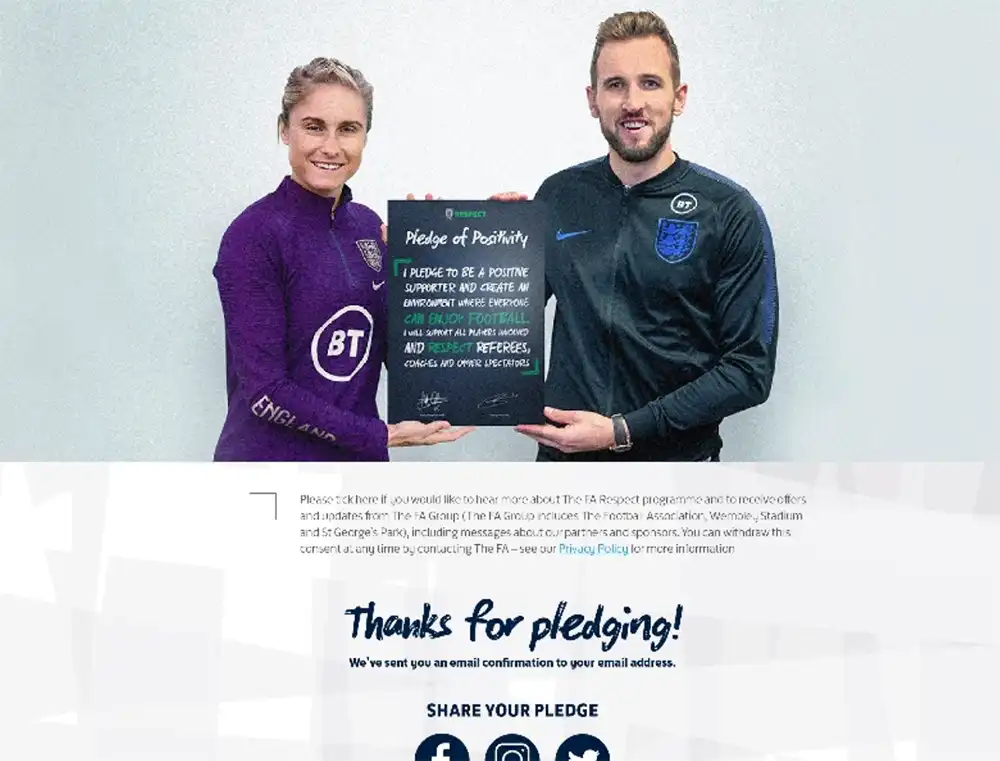 Pledge of Positivity confirmation page, with England players holding the Respect pledge