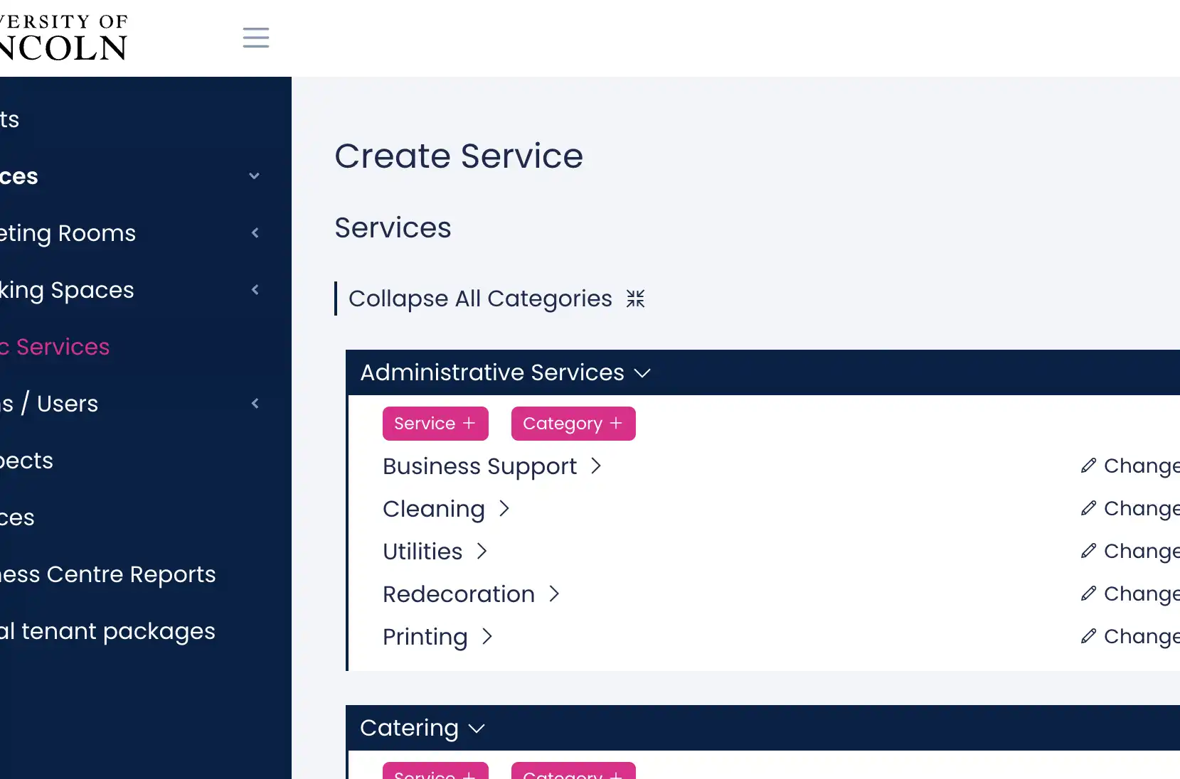 University of Lincoln Business Centre CRM, with services organised by category across the centres