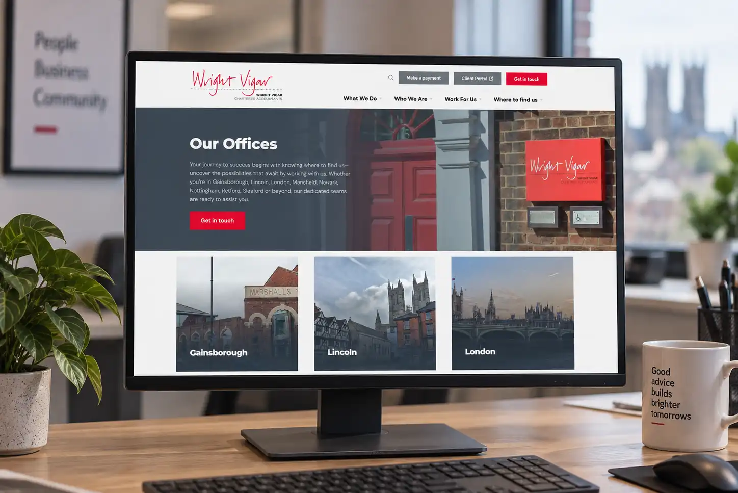 Wright Vigar website Our Offices page on a desktop, showing Gainsborough, Lincoln and London