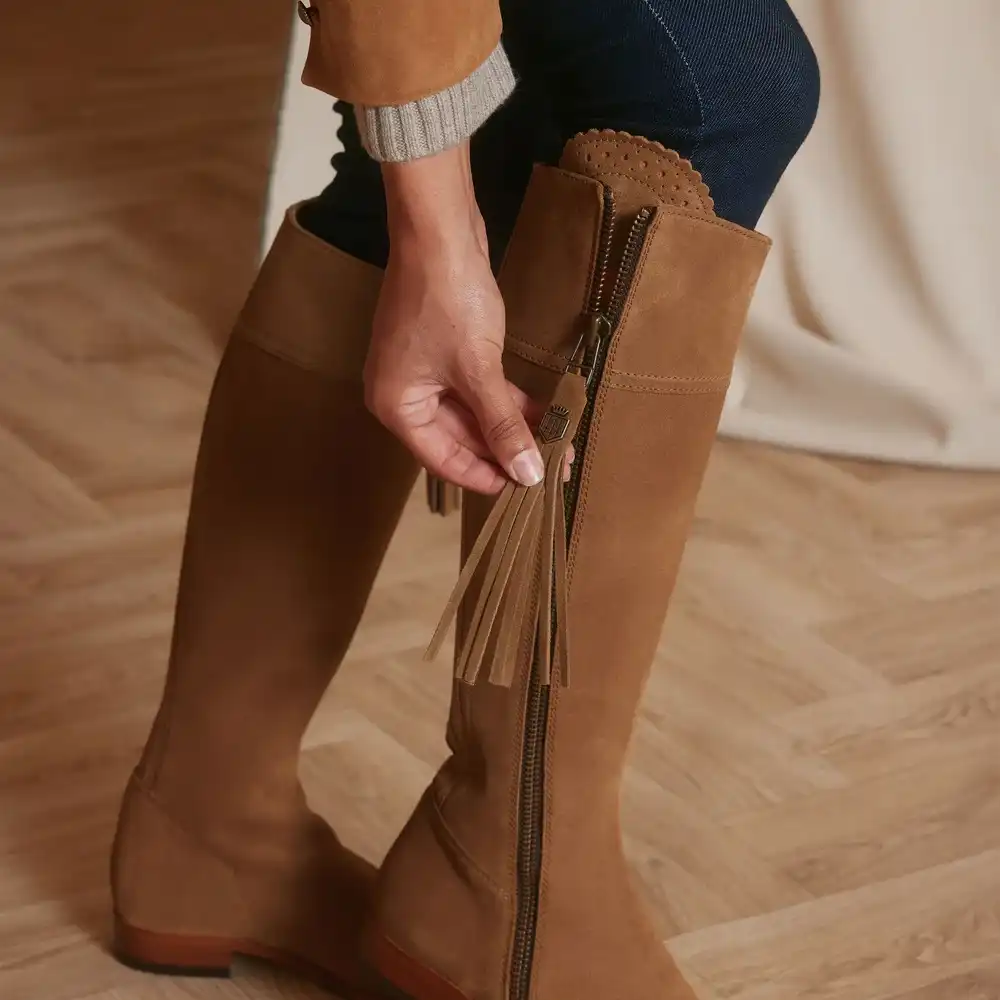 Fairfax & Favor suede riding boot, showing the tassel zip detail
