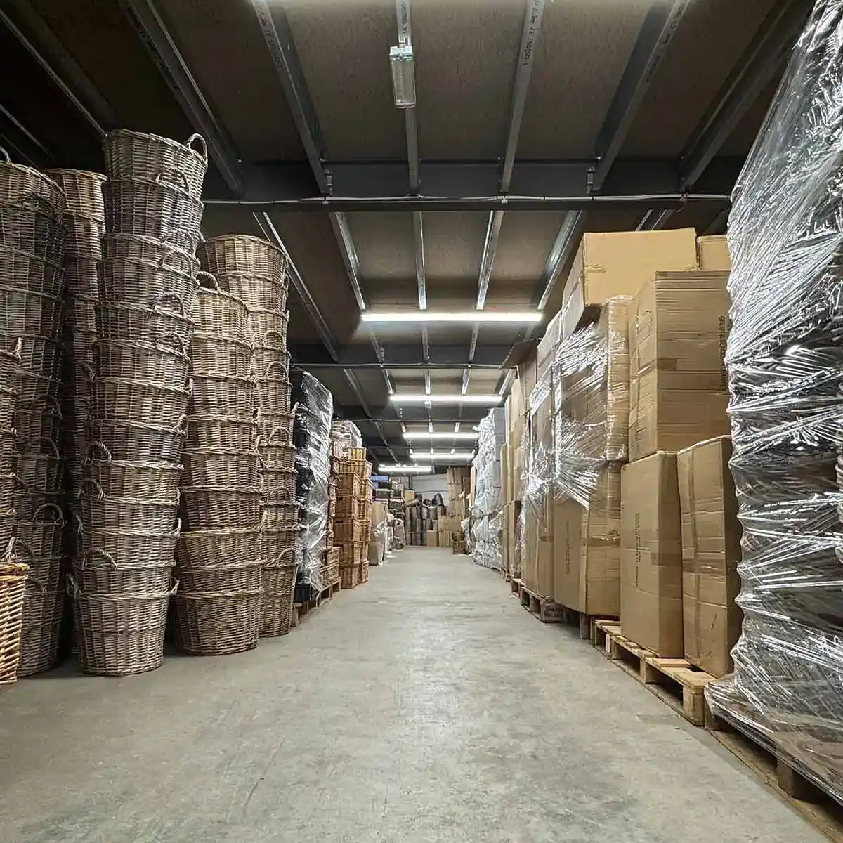 Warehouse of Willow Direct hamper baskets ready for wholesale orders
